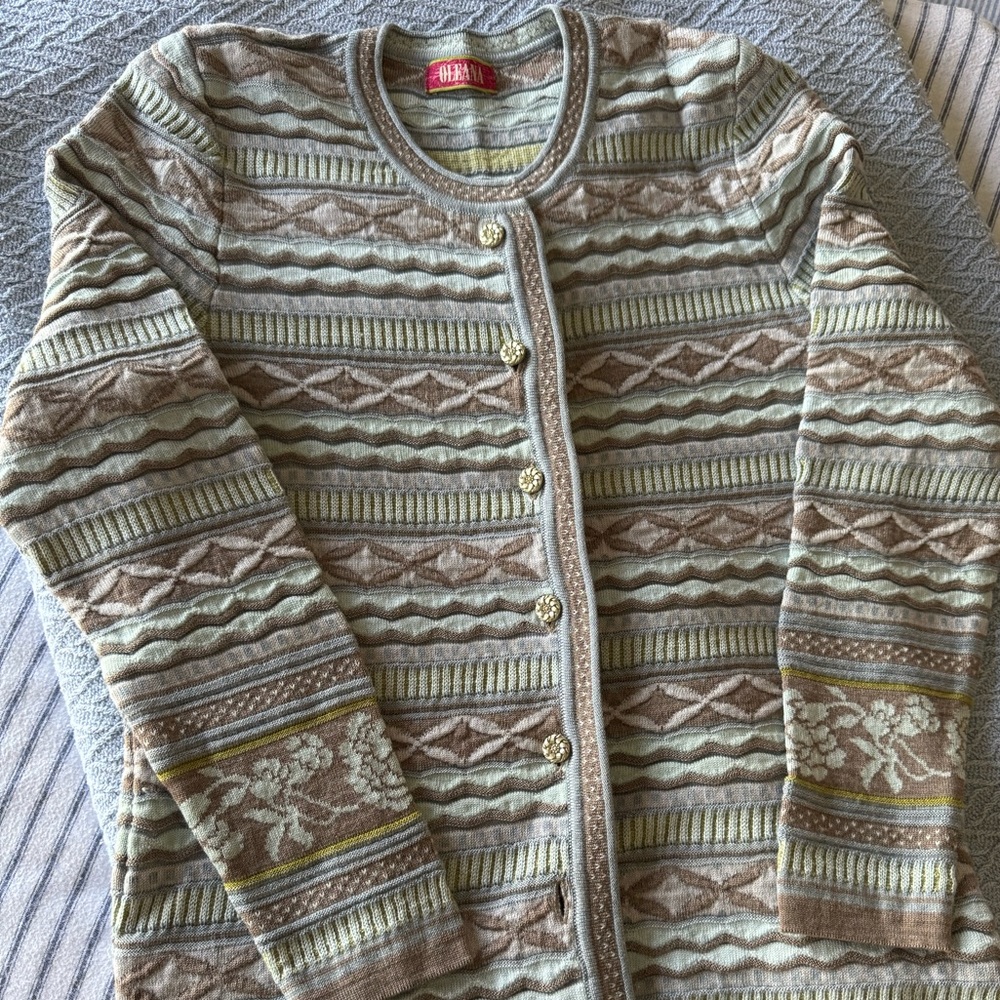 Oleana Cardigan Sweater in hues of Seafoam and Taupe XS